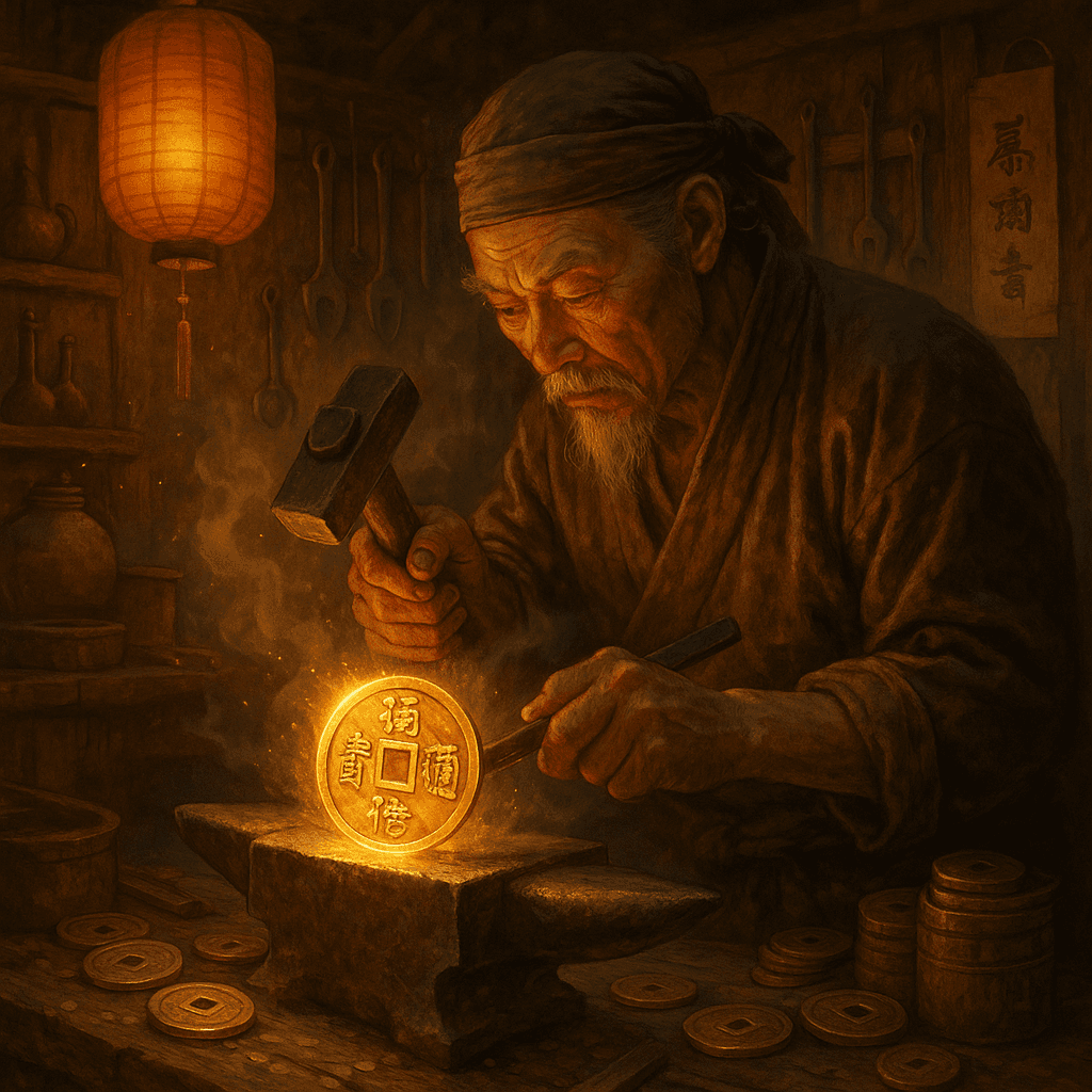 Ancient craftsman forging lucky coins